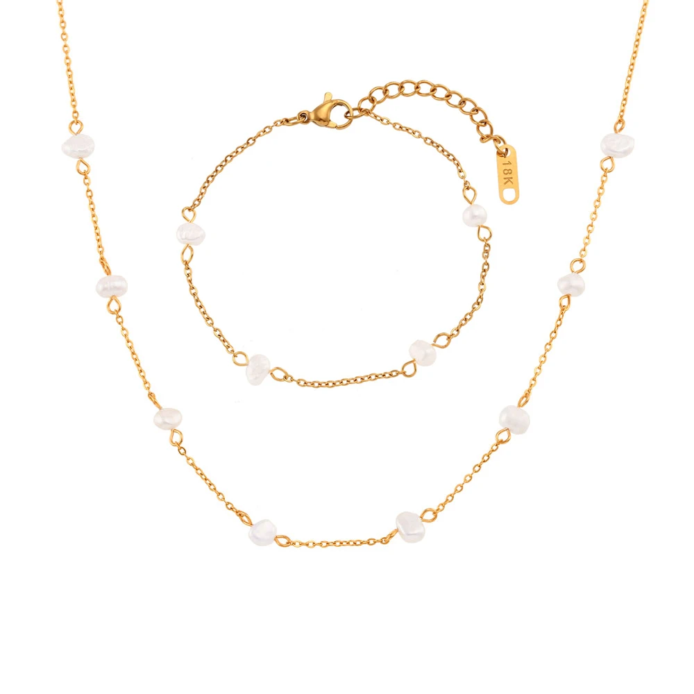 E.B.belle Anti-allergy Stainless Steel Chain Freshwater Pearl Chain Necklace Bracelets For Women Gold Plated Jewelry Set