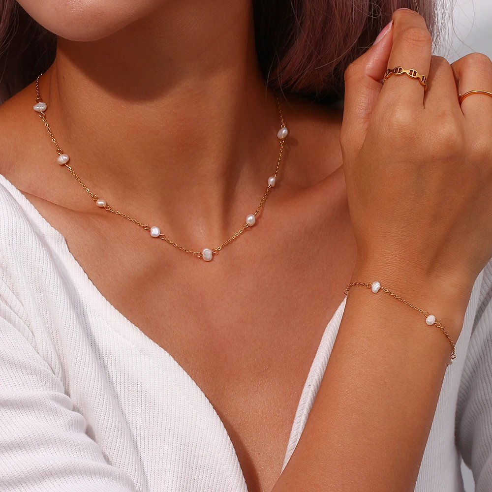 E.B.belle Anti-allergy Stainless Steel Chain Freshwater Pearl Chain Necklace Bracelets For Women Gold Plated Jewelry Set