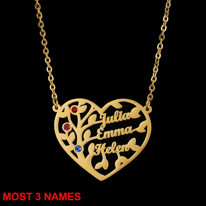 Custom Family Names Necklace Personalized Stainless Steel Pendant with 3mm Cuban Chain Birthstone Heart Hand Hug Life Tree