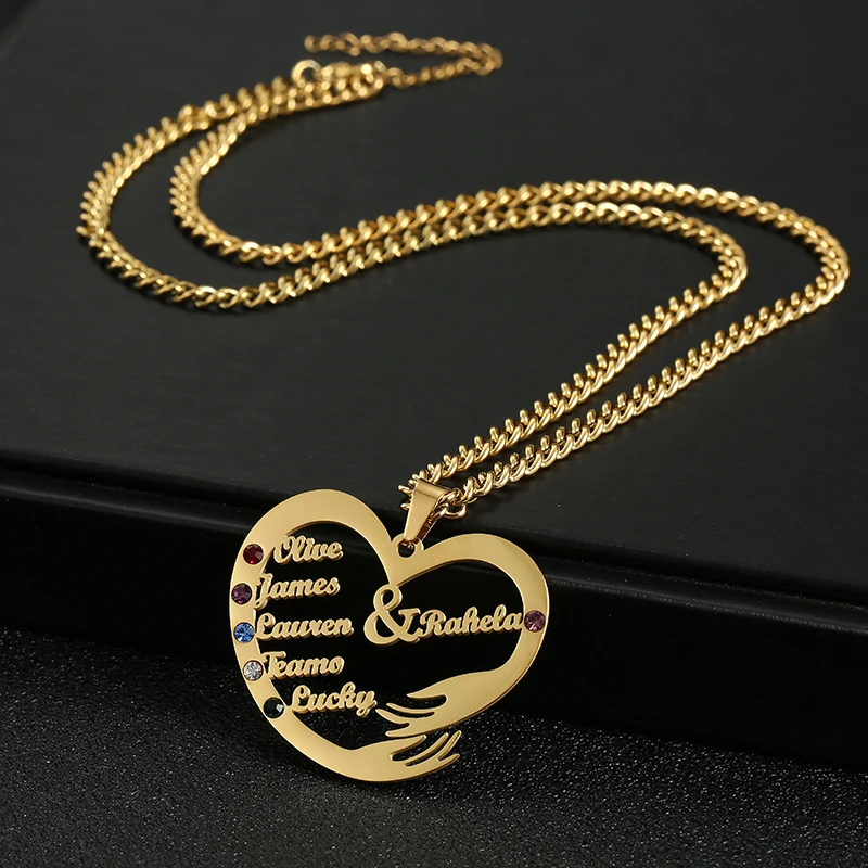 Custom Family Names Necklace Personalized Stainless Steel Pendant with 3mm Cuban Chain Birthstone Heart Hand Hug Life Tree