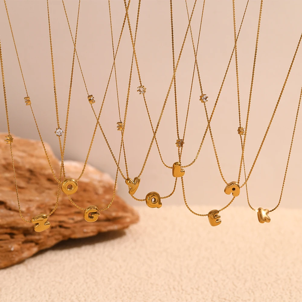 E.B.belle Zircon Bubble 26 Letters Necklace Stacked Jewelry 18K Gold Plated Stainless Steel For Women Charm Hypoallergenic