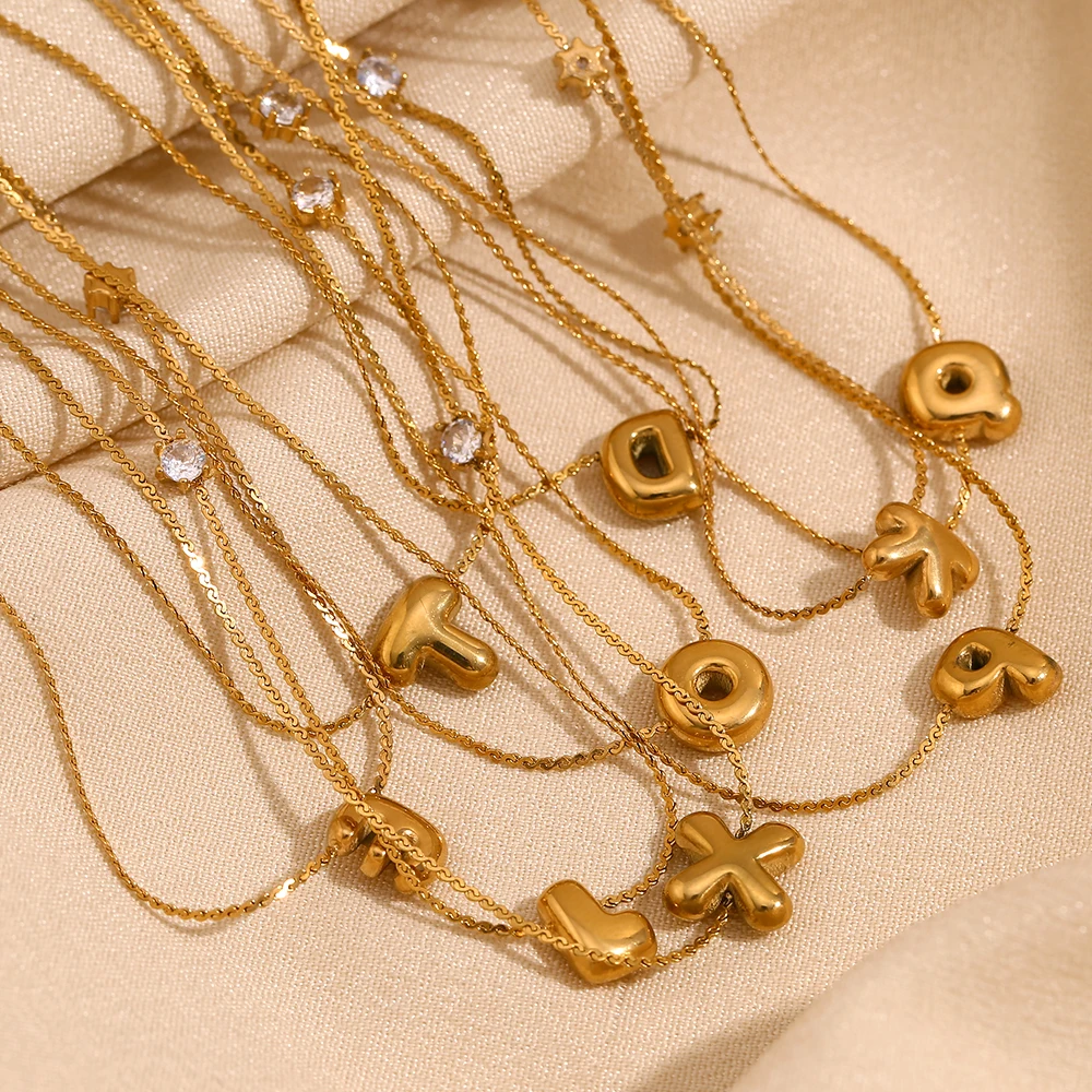 E.B.belle Zircon Bubble 26 Letters Necklace Stacked Jewelry 18K Gold Plated Stainless Steel For Women Charm Hypoallergenic