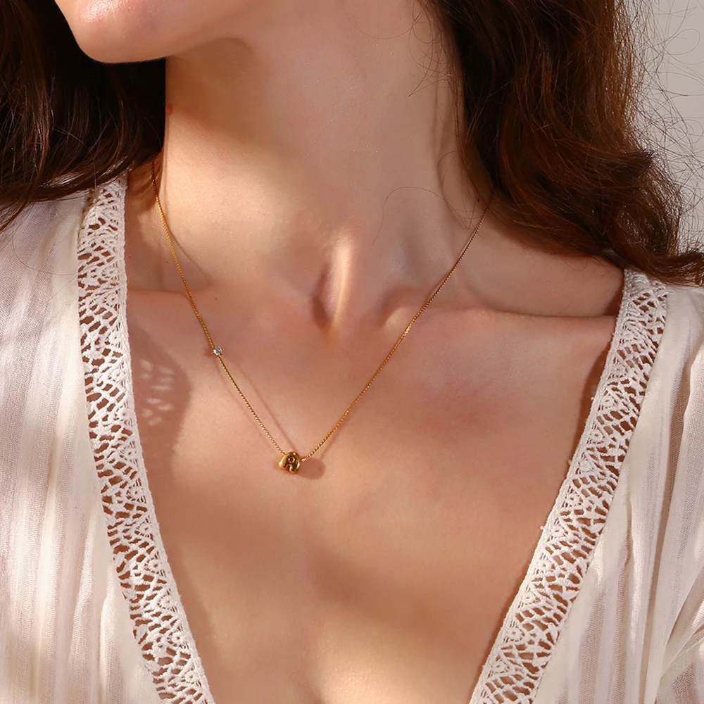 E.B.belle Zircon Bubble 26 Letters Necklace Stacked Jewelry 18K Gold Plated Stainless Steel For Women Charm Hypoallergenic