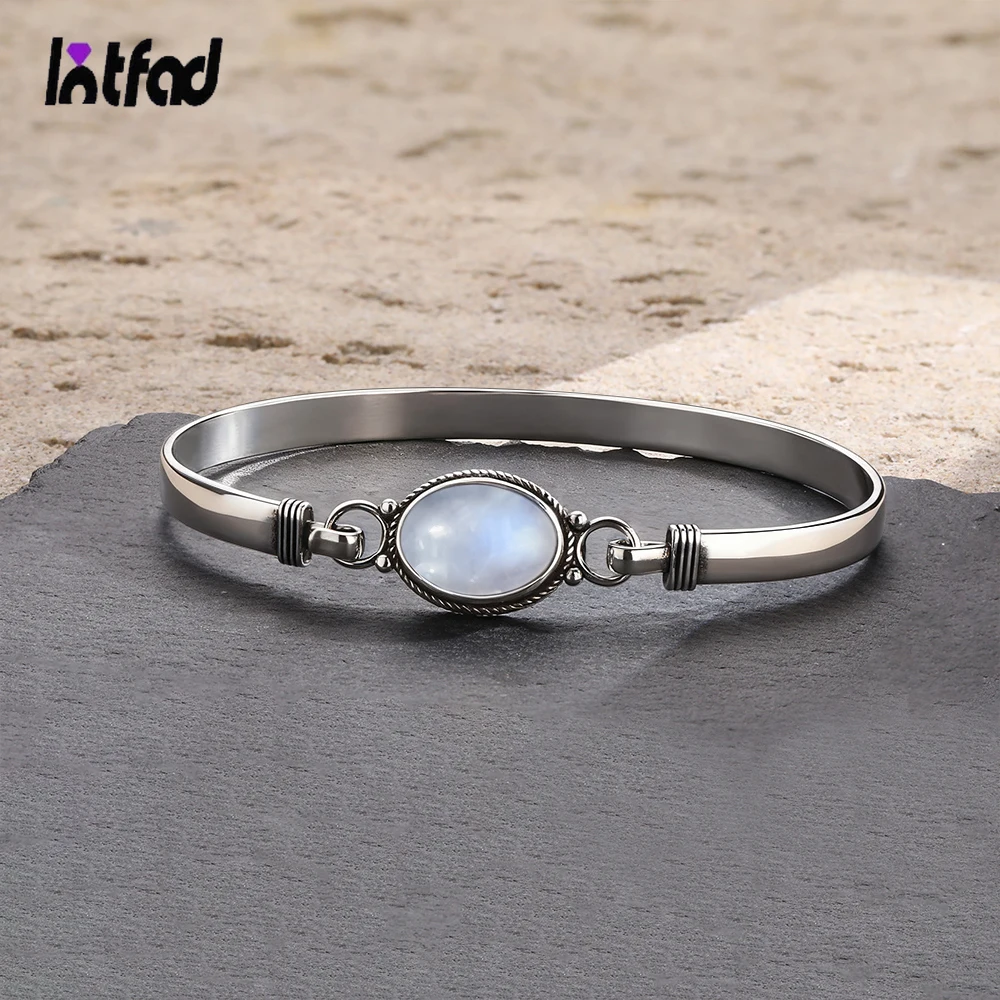 Vintage 925 Silver Bangle Natural Oval Moonstone Bangle Bracelets Handmade Birthstone Bangle Gifts Fine Jewelry for Women Men