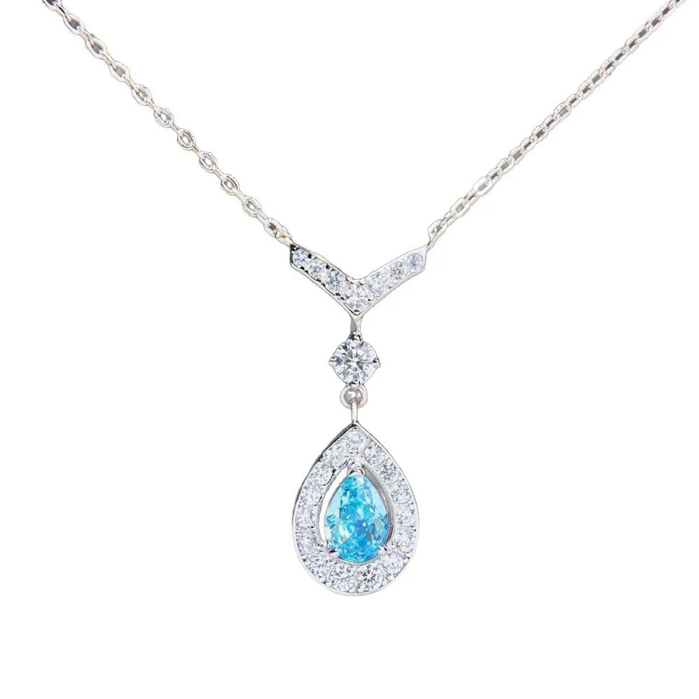 14K Gold V‑Shaped Necklace for Women 0.8 Ct 5x7mm Pear‑Cut Created Aquamarine Pendant Minimalist Versatile Fashion Jewelry