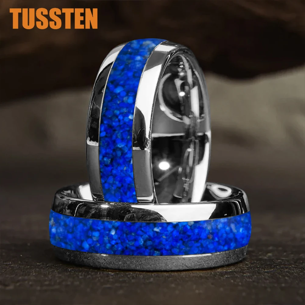 TUSSTEN 4/6/8MM Dome Edges Mens Womens Fashion Engagement Wedding Band Lapis Lazuli Inlay Tungsten Carbide Rings