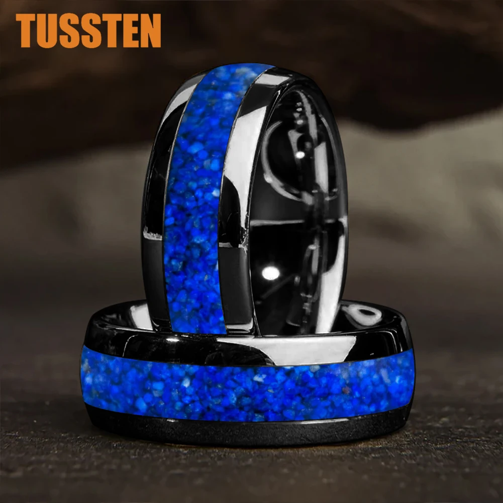 TUSSTEN 4/6/8MM Dome Edges Mens Womens Fashion Engagement Wedding Band Lapis Lazuli Inlay Tungsten Carbide Rings