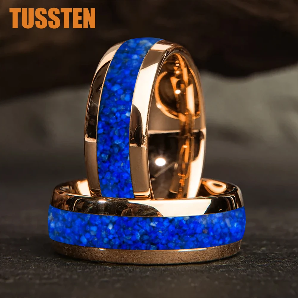TUSSTEN 4/6/8MM Dome Edges Mens Womens Fashion Engagement Wedding Band Lapis Lazuli Inlay Tungsten Carbide Rings