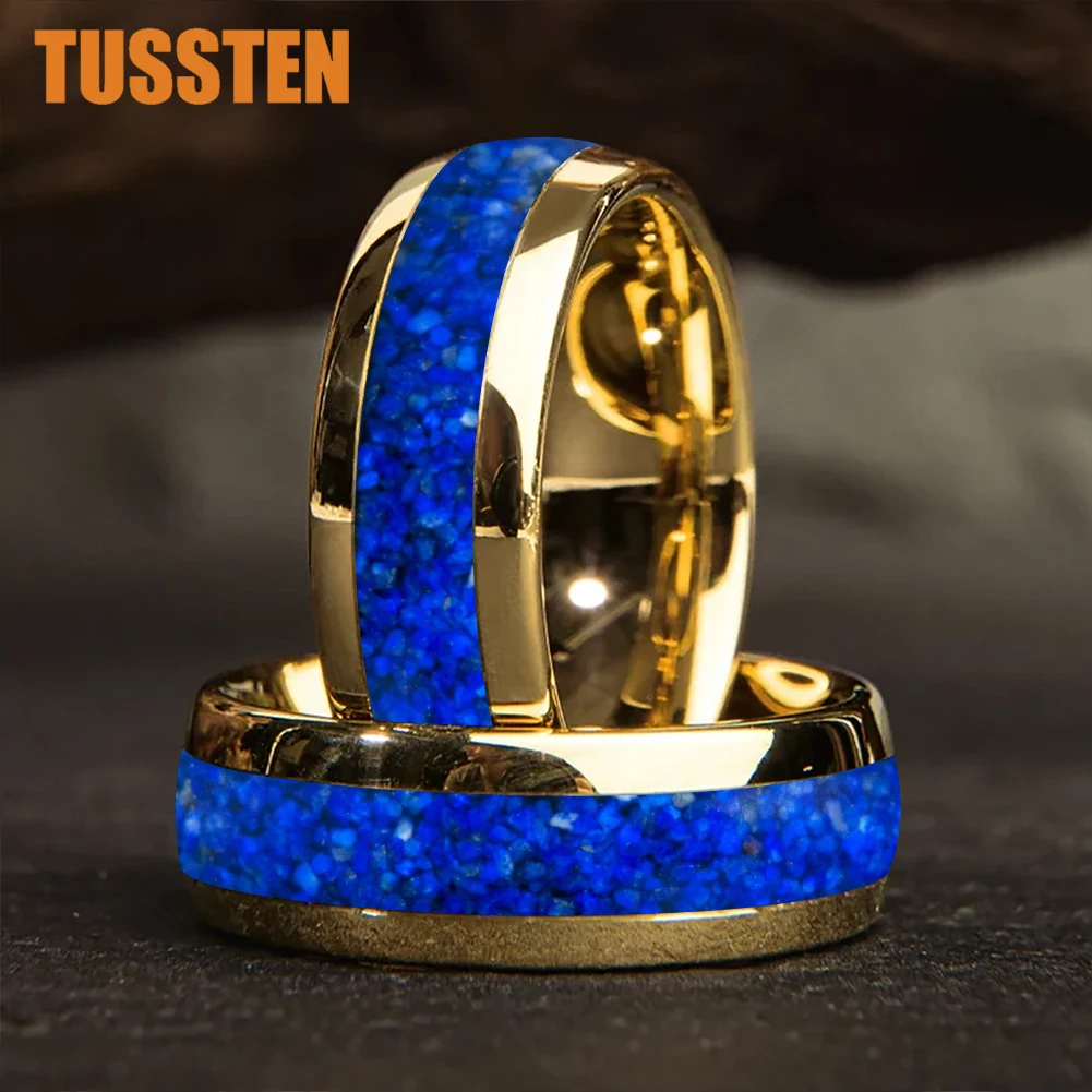TUSSTEN 4/6/8MM Dome Edges Mens Womens Fashion Engagement Wedding Band Lapis Lazuli Inlay Tungsten Carbide Rings