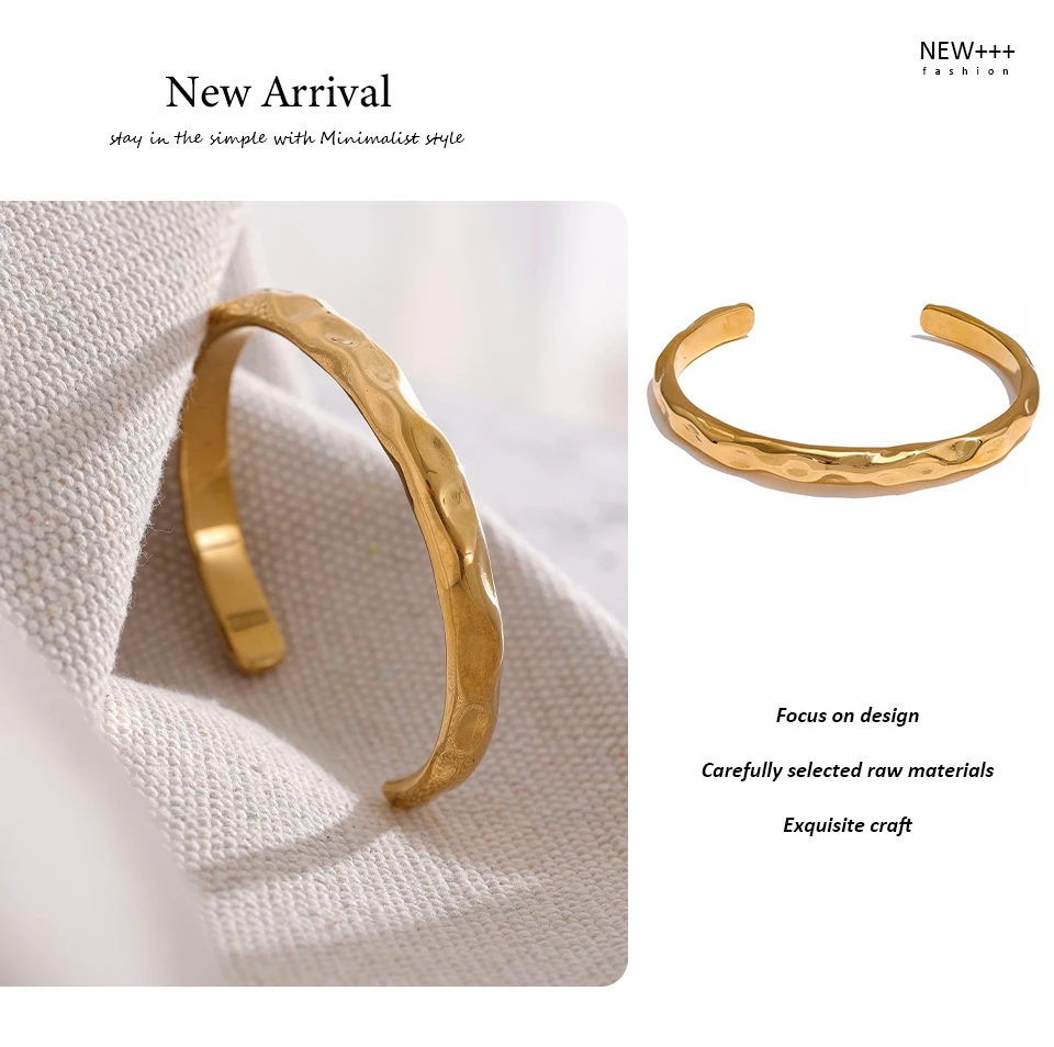 Yhpup Minimalist Gold Color Tarnish Free Fashion Stainless Steel Bangle Bracelet Metal Texture Simple Open Charm Wrist Jewelry