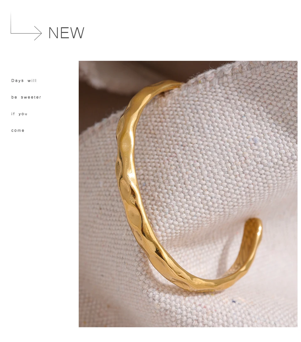 Yhpup Minimalist Gold Color Tarnish Free Fashion Stainless Steel Bangle Bracelet Metal Texture Simple Open Charm Wrist Jewelry
