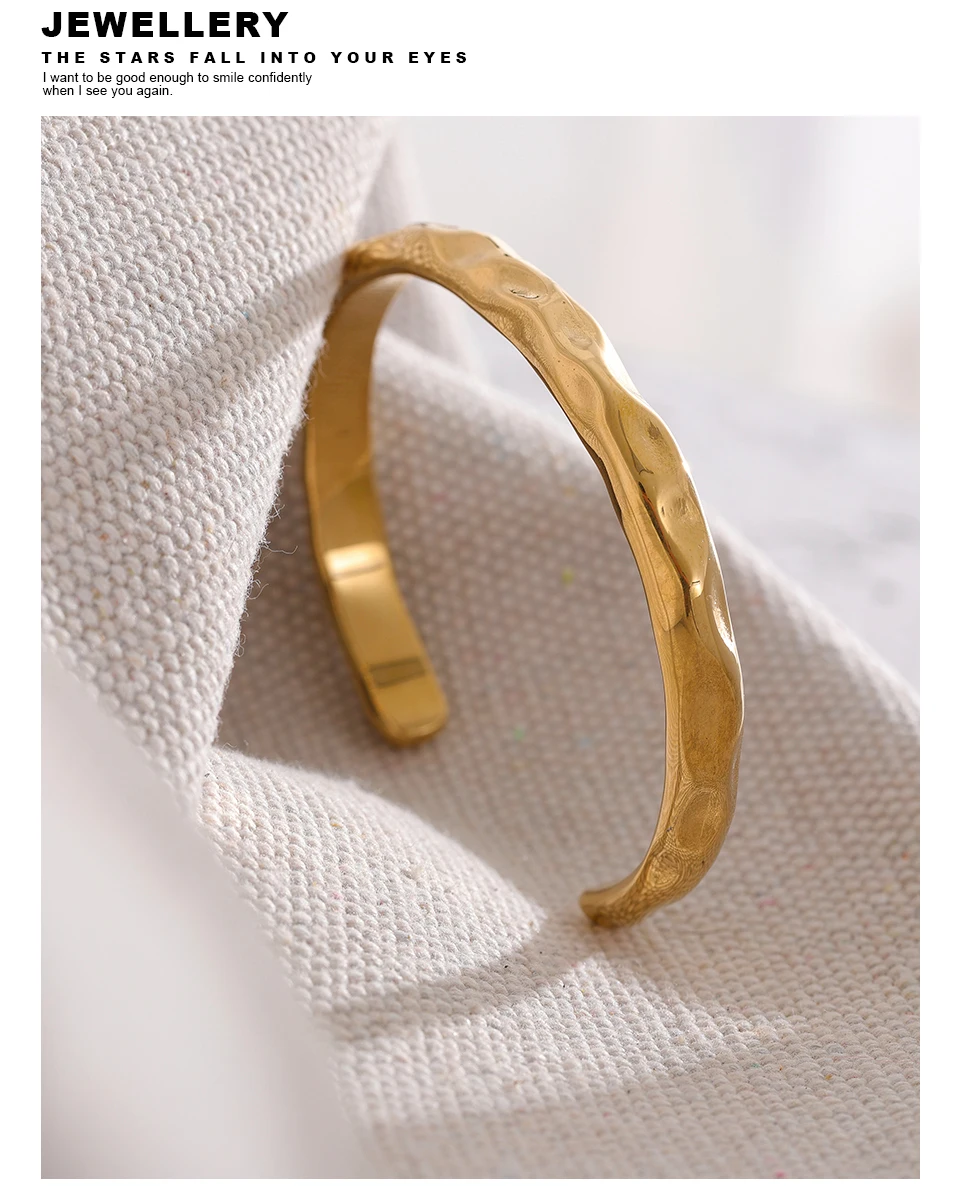 Yhpup Minimalist Gold Color Tarnish Free Fashion Stainless Steel Bangle Bracelet Metal Texture Simple Open Charm Wrist Jewelry