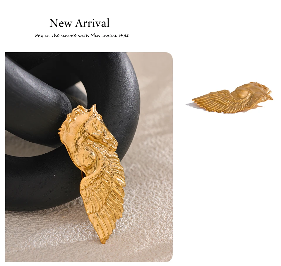 Yhpup Distinctive Stainless Steel Horse Wing Golden Brooches 18K PVD Plated Metal Clothing Accessories Chic Jewelry Wholesale
