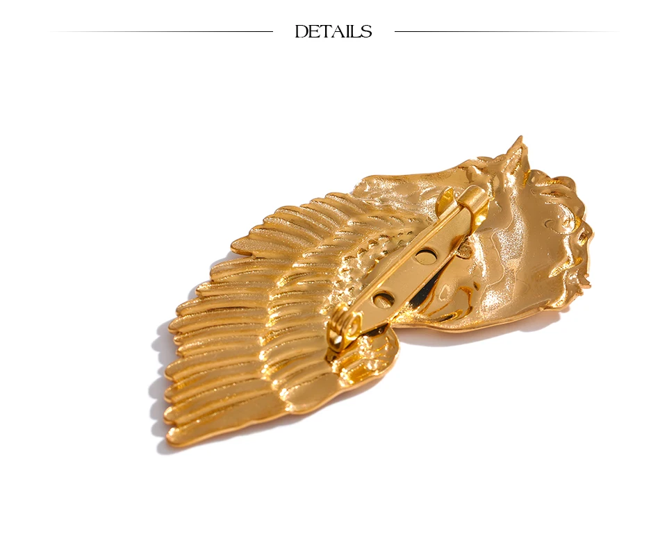 Yhpup Distinctive Stainless Steel Horse Wing Golden Brooches 18K PVD Plated Metal Clothing Accessories Chic Jewelry Wholesale