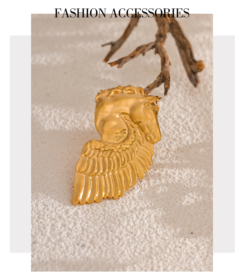 Yhpup Distinctive Stainless Steel Horse Wing Golden Brooches 18K PVD Plated Metal Clothing Accessories Chic Jewelry Wholesale