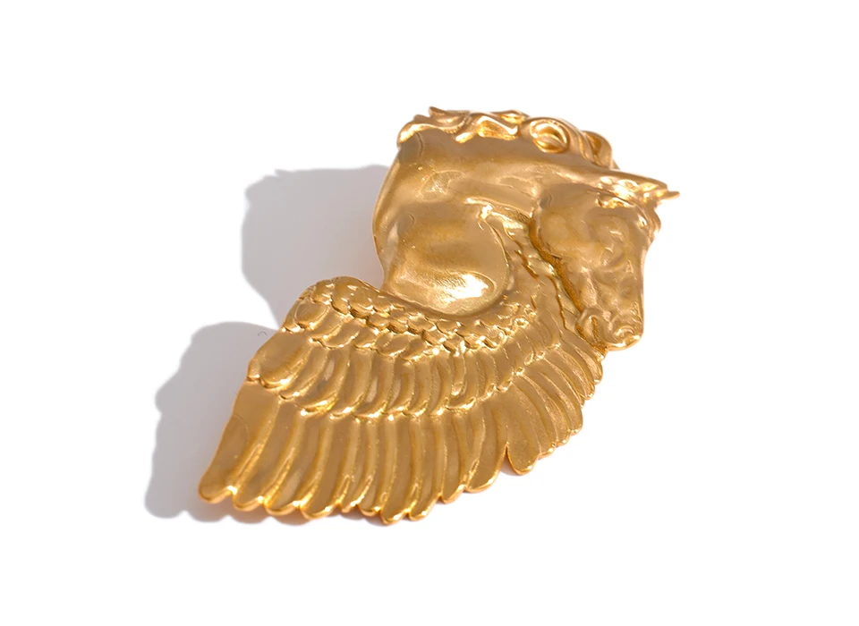 Yhpup Distinctive Stainless Steel Horse Wing Golden Brooches 18K PVD Plated Metal Clothing Accessories Chic Jewelry Wholesale
