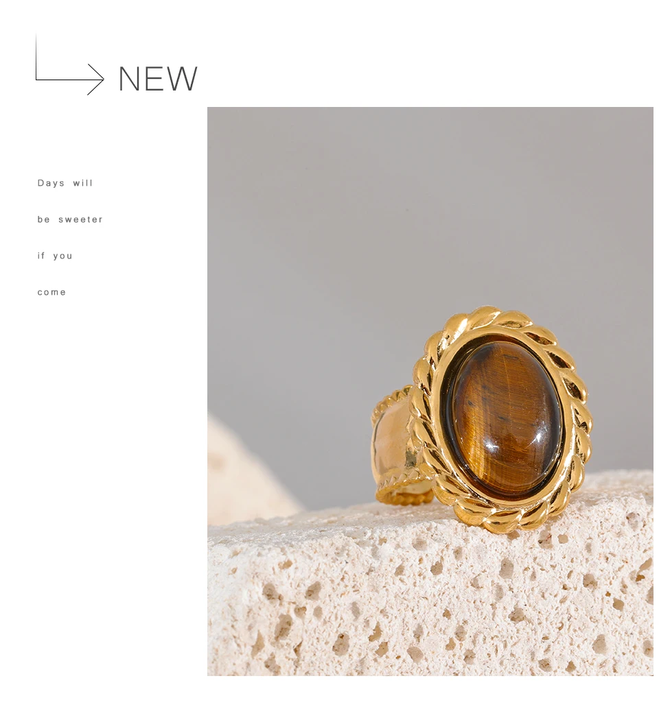 Yhpup Stainless Steel Wide Chunky Ring Inlaid Tiger Natural Stone Jewelry Trend Europe Bijoux Vintage Stylish Statement
