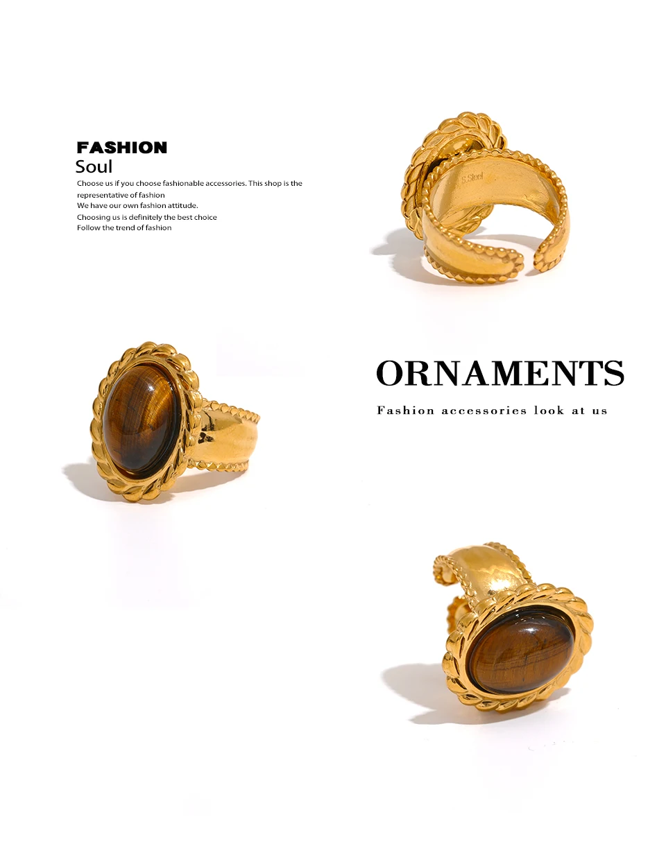 Yhpup Stainless Steel Wide Chunky Ring Inlaid Tiger Natural Stone Jewelry Trend Europe Bijoux Vintage Stylish Statement