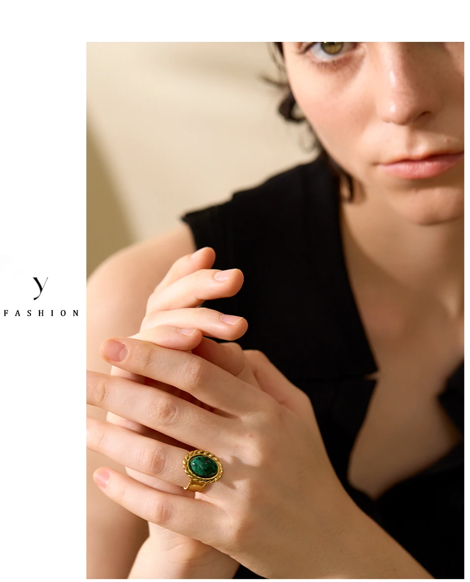 Yhpup Stainless Steel Wide Chunky Ring Inlaid Tiger Natural Stone Jewelry Trend Europe Bijoux Vintage Stylish Statement