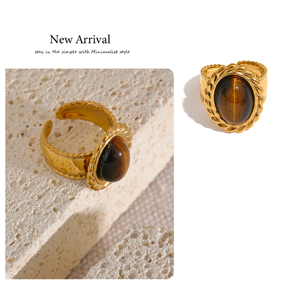Yhpup Stainless Steel Wide Chunky Ring Inlaid Tiger Natural Stone Jewelry Trend Europe Bijoux Vintage Stylish Statement