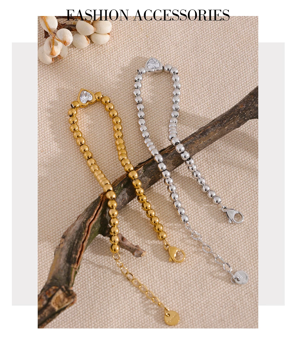 Yhpup Stainless Steel Beads Chain Heart Zircon Handmade Bracelet Bangle Gold Color Waterproof Charm Jewelry for Women Gala Gift