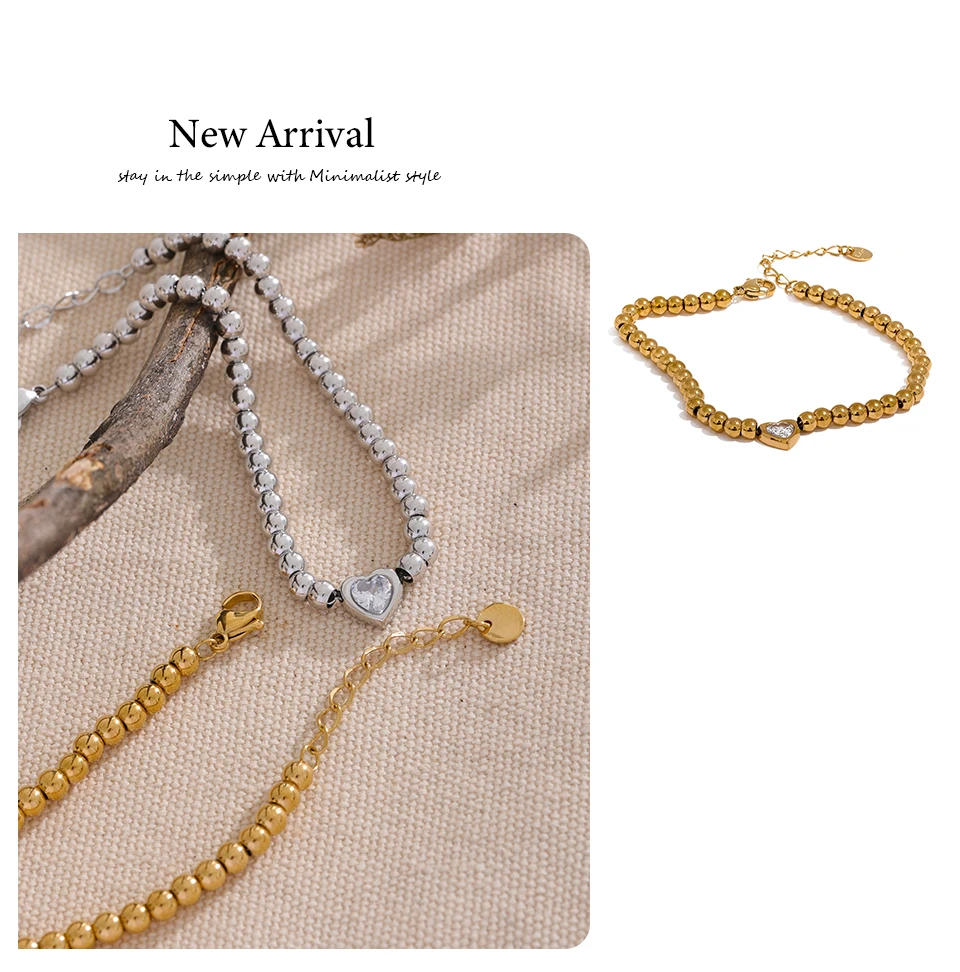 Yhpup Stainless Steel Beads Chain Heart Zircon Handmade Bracelet Bangle Gold Color Waterproof Charm Jewelry for Women Gala Gift