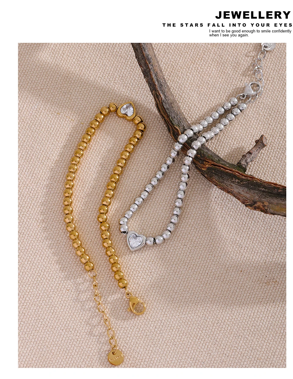 Yhpup Stainless Steel Beads Chain Heart Zircon Handmade Bracelet Bangle Gold Color Waterproof Charm Jewelry for Women Gala Gift