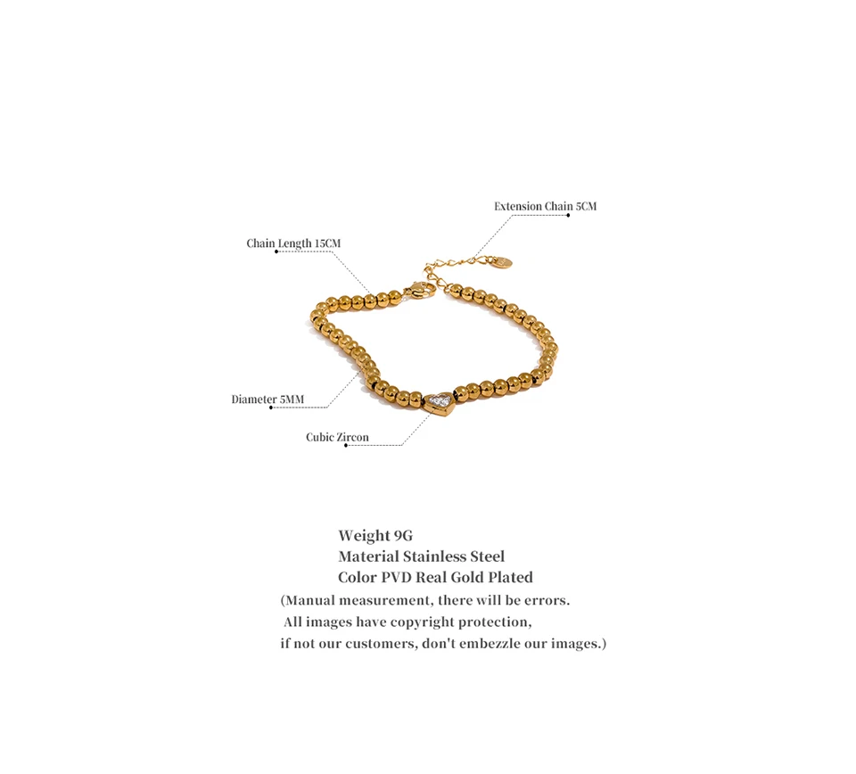 Yhpup Stainless Steel Beads Chain Heart Zircon Handmade Bracelet Bangle Gold Color Waterproof Charm Jewelry for Women Gala Gift