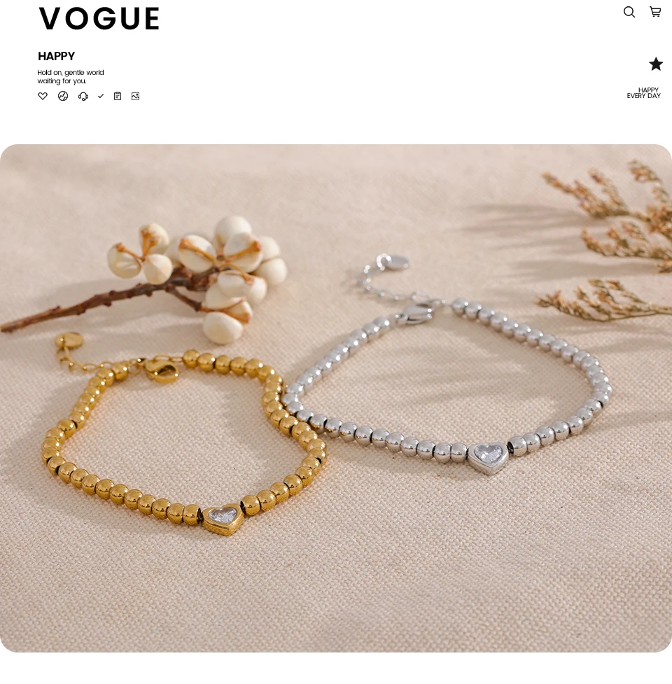 Yhpup Stainless Steel Beads Chain Heart Zircon Handmade Bracelet Bangle Gold Color Waterproof Charm Jewelry for Women Gala Gift