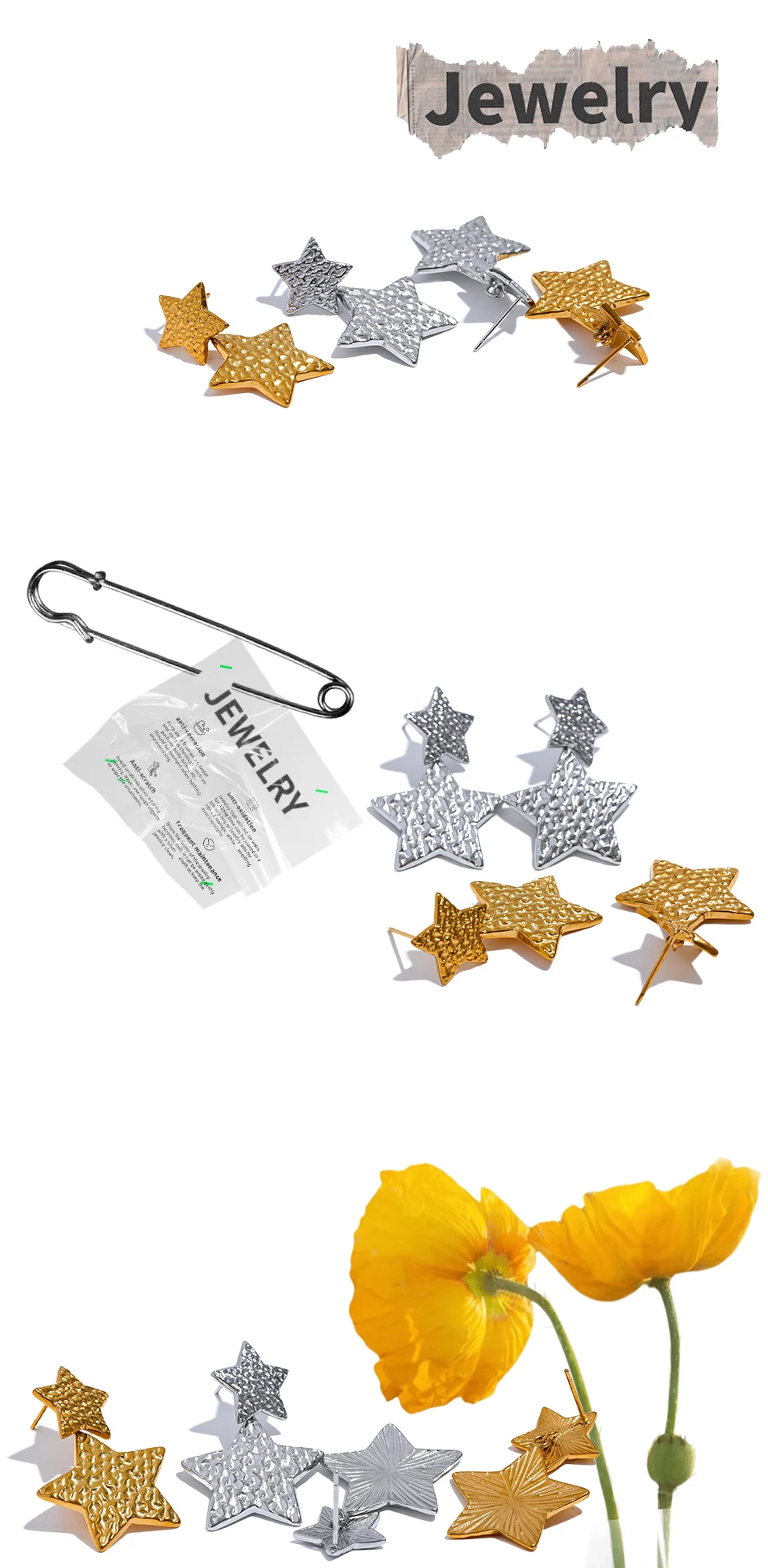 Yhpup New Stainless Steel Pentagram Star Dangle Earrings Bijoux Women Simple Metal Rust Proof Trendy Daily Gold Color Jewelry