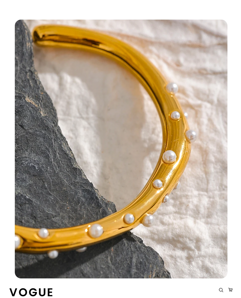 Yhpup Elegant Imitation Pearls Stainless Steel Gold Color Open Cuff Bracelet Bangle for Women Texture Charm Jewelry