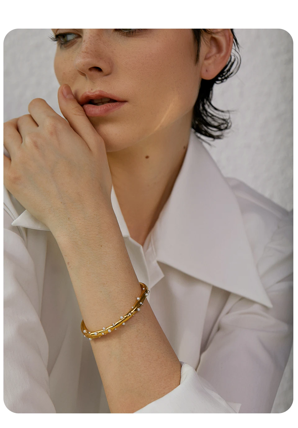 Yhpup Elegant Imitation Pearls Stainless Steel Gold Color Open Cuff Bracelet Bangle for Women Texture Charm Jewelry
