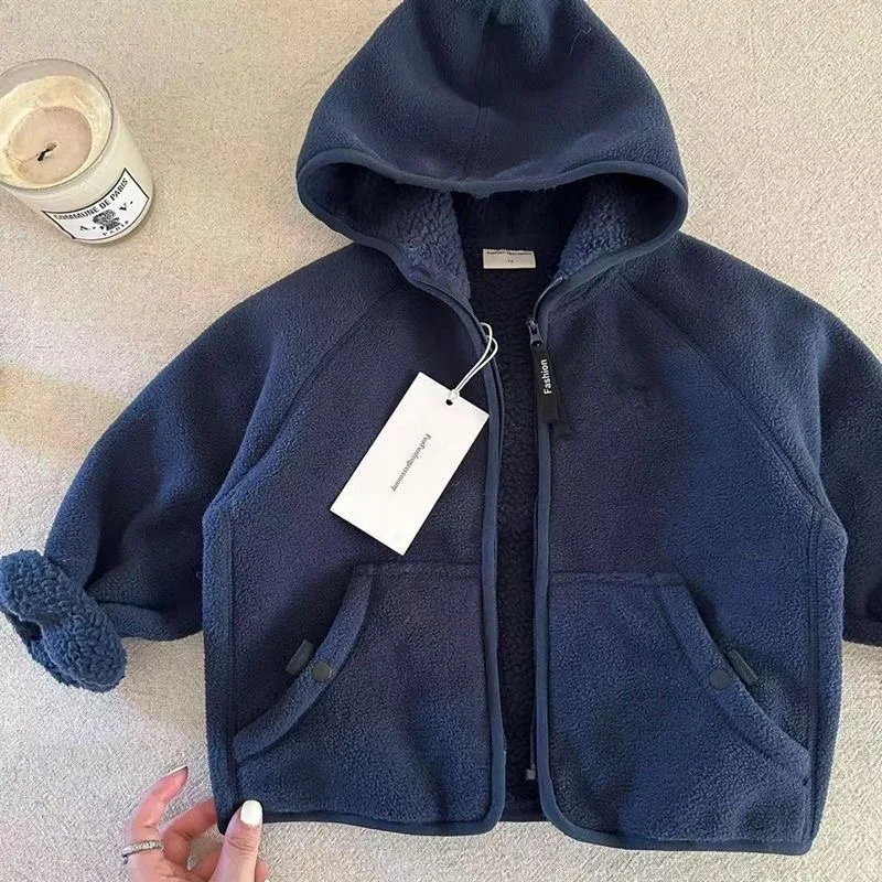 Boys Girls Warm One Piece Fleece Hooded Coat 2026 Trendy Velvet Liner Kids Hoodie Sweatshirt For 2-12Y Daily Casual Outerwear