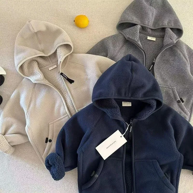 Boys Girls Warm One Piece Fleece Hooded Coat 2026 Trendy Velvet Liner Kids Hoodie Sweatshirt For 2-12Y Daily Casual Outerwear