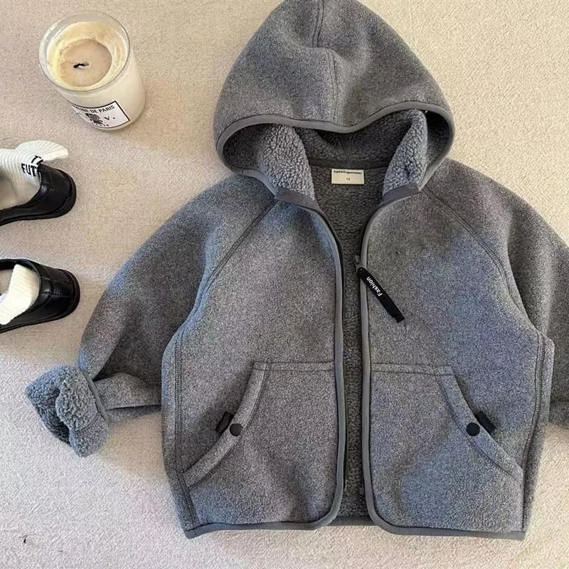 Boys Girls Warm One Piece Fleece Hooded Coat 2026 Trendy Velvet Liner Kids Hoodie Sweatshirt For 2-12Y Daily Casual Outerwear
