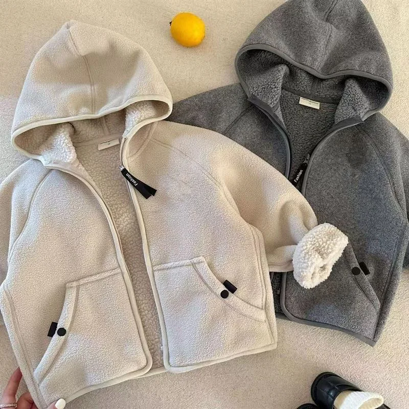 Boys Girls Warm One Piece Fleece Hooded Coat 2026 Trendy Velvet Liner Kids Hoodie Sweatshirt For 2-12Y Daily Casual Outerwear