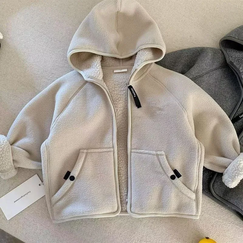 Boys Girls Warm One Piece Fleece Hooded Coat 2026 Trendy Velvet Liner Kids Hoodie Sweatshirt For 2-12Y Daily Casual Outerwear