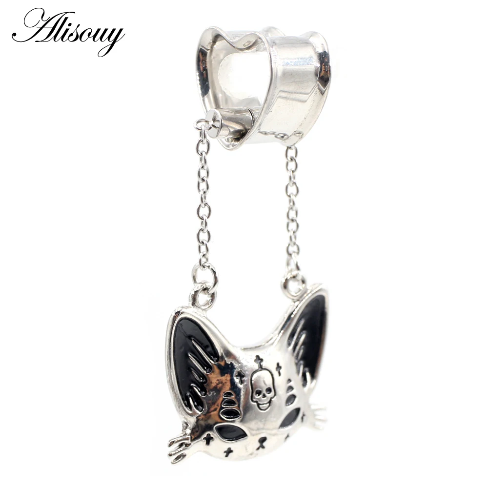 2PCS Stainless Steel Cat Butterfly Chain Skull Heart Ear Plugs Tunnels Expander Stretcher Gauges Earrings Piercing Body Jewelry
