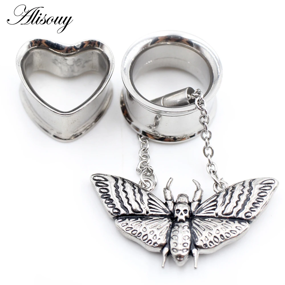 2PCS Stainless Steel Cat Butterfly Chain Skull Heart Ear Plugs Tunnels Expander Stretcher Gauges Earrings Piercing Body Jewelry