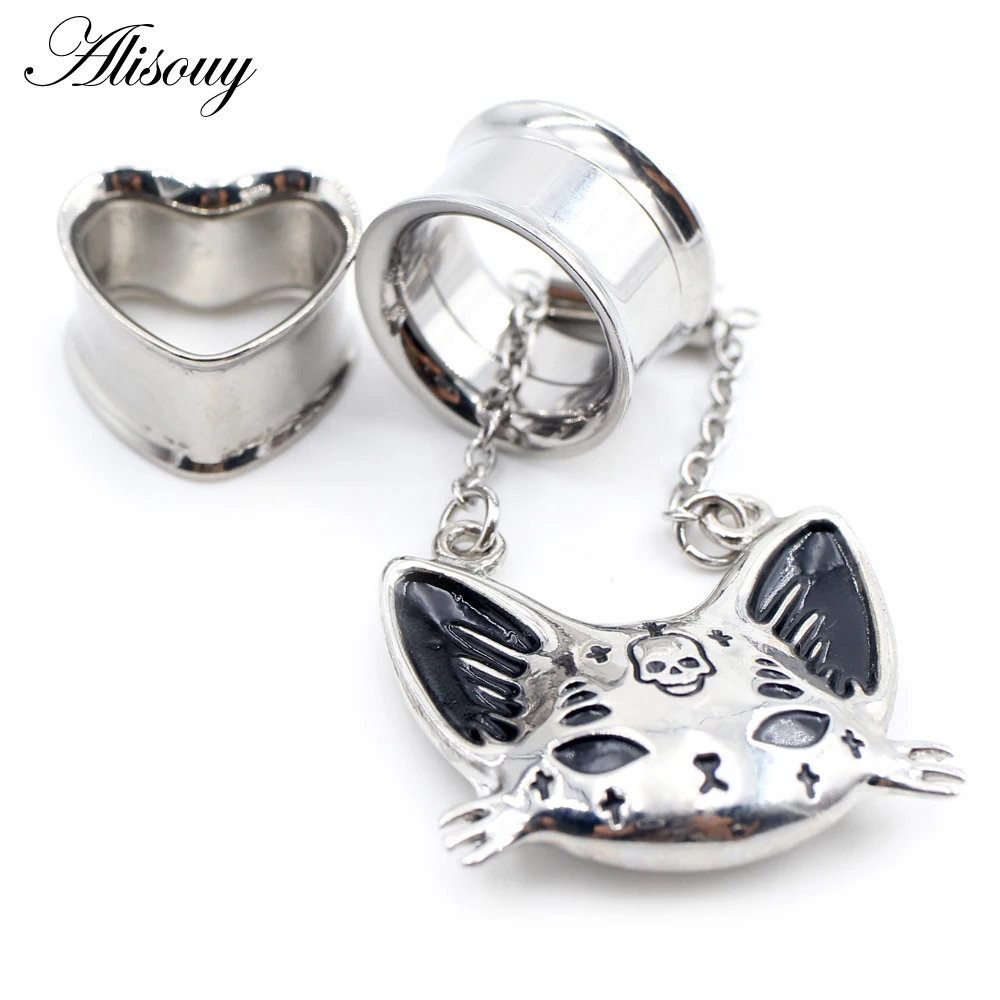 2PCS Stainless Steel Cat Butterfly Chain Skull Heart Ear Plugs Tunnels Expander Stretcher Gauges Earrings Piercing Body Jewelry