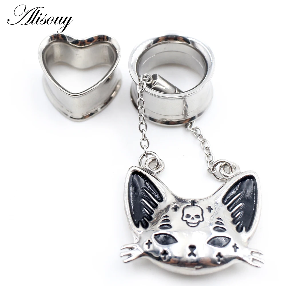 2PCS Stainless Steel Cat Butterfly Chain Skull Heart Ear Plugs Tunnels Expander Stretcher Gauges Earrings Piercing Body Jewelry
