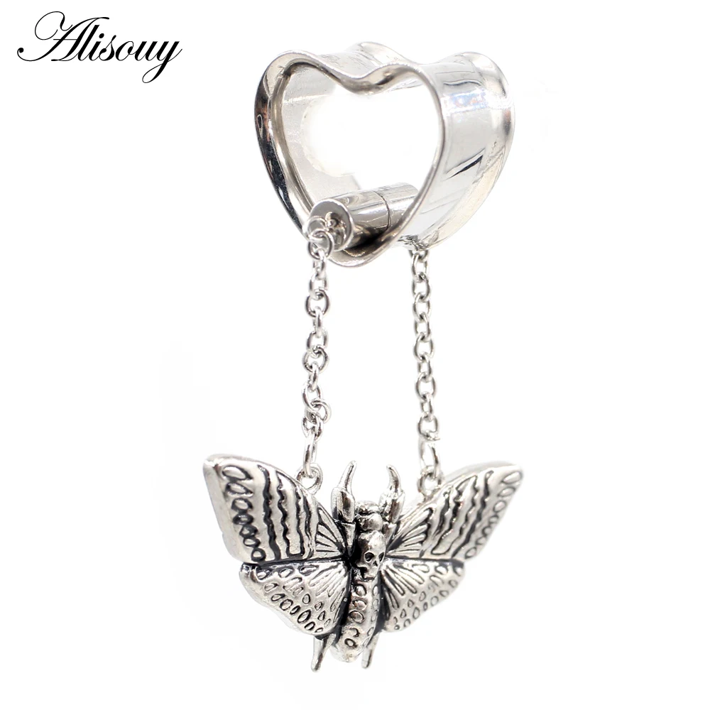 2PCS Stainless Steel Cat Butterfly Chain Skull Heart Ear Plugs Tunnels Expander Stretcher Gauges Earrings Piercing Body Jewelry