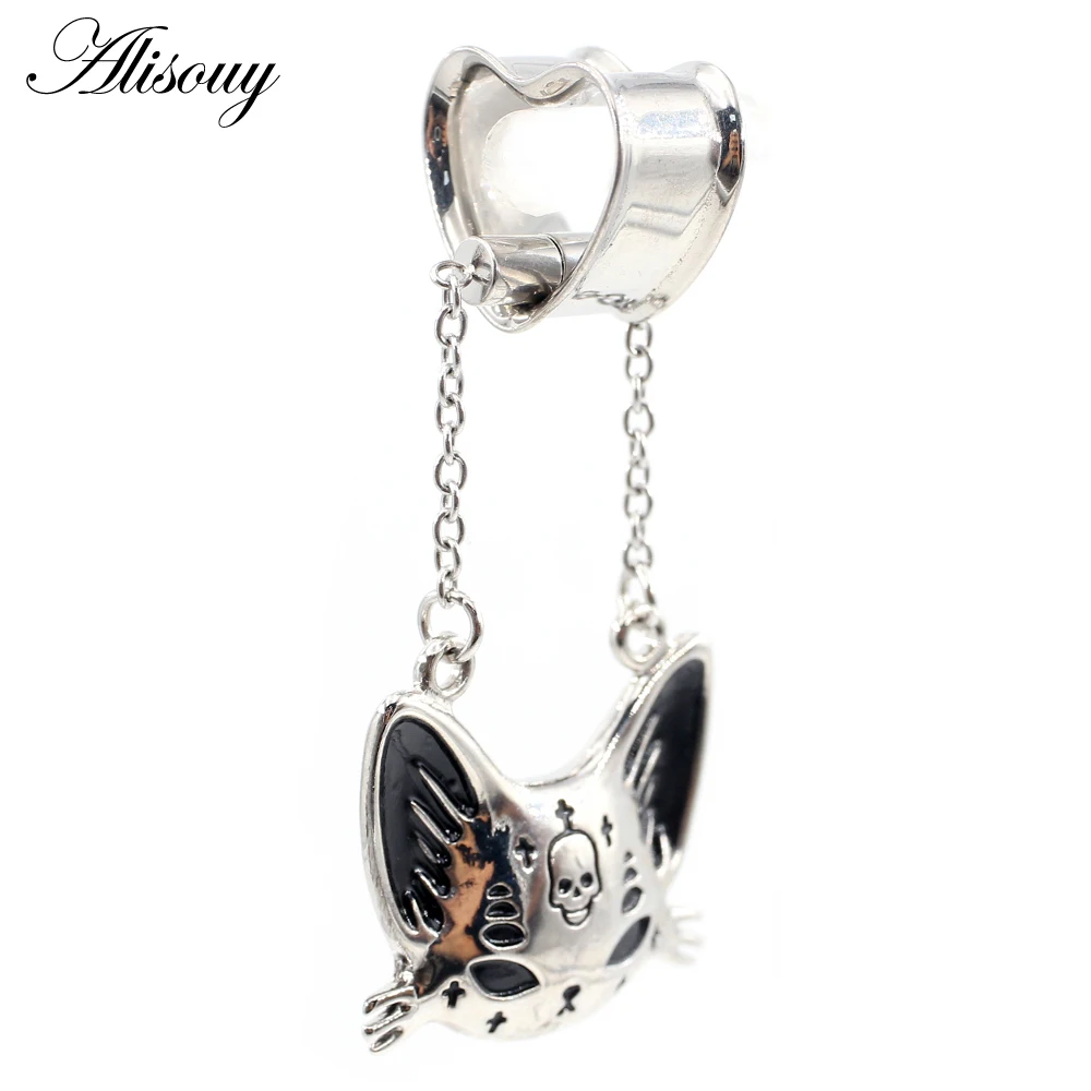 2PCS Stainless Steel Cat Butterfly Chain Skull Heart Ear Plugs Tunnels Expander Stretcher Gauges Earrings Piercing Body Jewelry