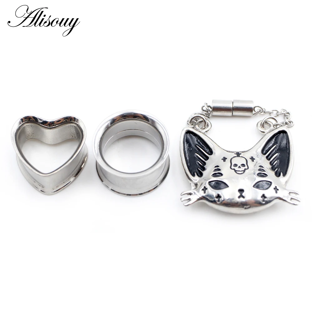 2PCS Stainless Steel Cat Butterfly Chain Skull Heart Ear Plugs Tunnels Expander Stretcher Gauges Earrings Piercing Body Jewelry