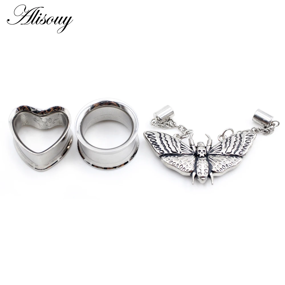 2PCS Stainless Steel Cat Butterfly Chain Skull Heart Ear Plugs Tunnels Expander Stretcher Gauges Earrings Piercing Body Jewelry