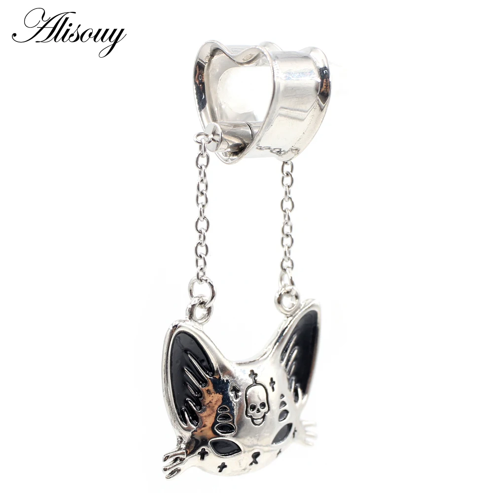 2PCS Stainless Steel Cat Butterfly Chain Skull Heart Ear Plugs Tunnels Expander Stretcher Gauges Earrings Piercing Body Jewelry