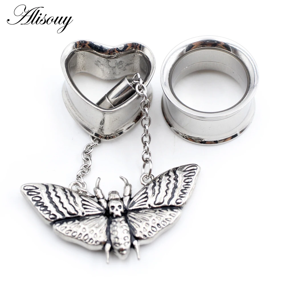 2PCS Stainless Steel Cat Butterfly Chain Skull Heart Ear Plugs Tunnels Expander Stretcher Gauges Earrings Piercing Body Jewelry