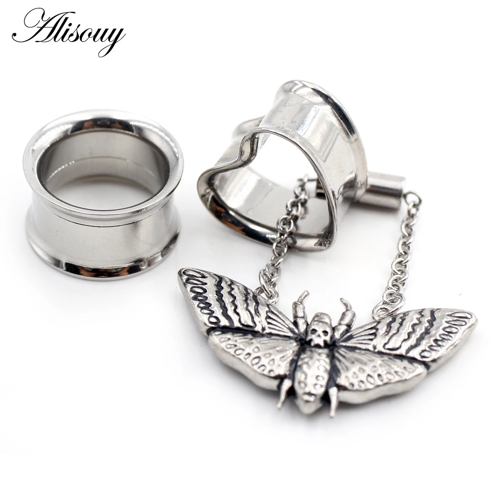 2PCS Stainless Steel Cat Butterfly Chain Skull Heart Ear Plugs Tunnels Expander Stretcher Gauges Earrings Piercing Body Jewelry