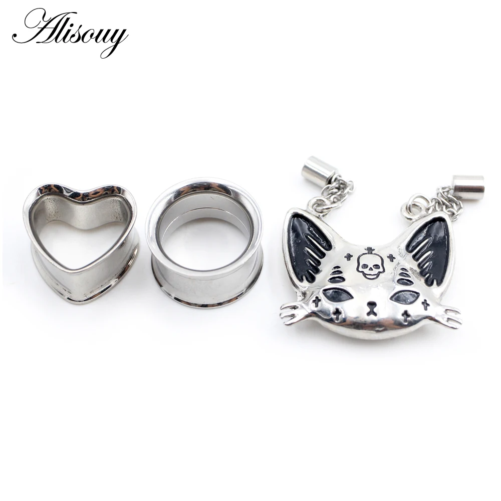 2PCS Stainless Steel Cat Butterfly Chain Skull Heart Ear Plugs Tunnels Expander Stretcher Gauges Earrings Piercing Body Jewelry