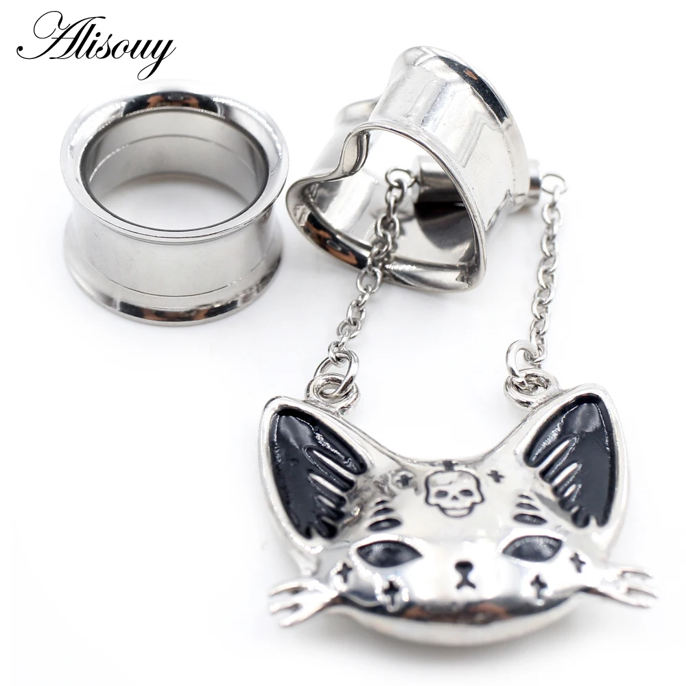 2PCS Stainless Steel Cat Butterfly Chain Skull Heart Ear Plugs Tunnels Expander Stretcher Gauges Earrings Piercing Body Jewelry
